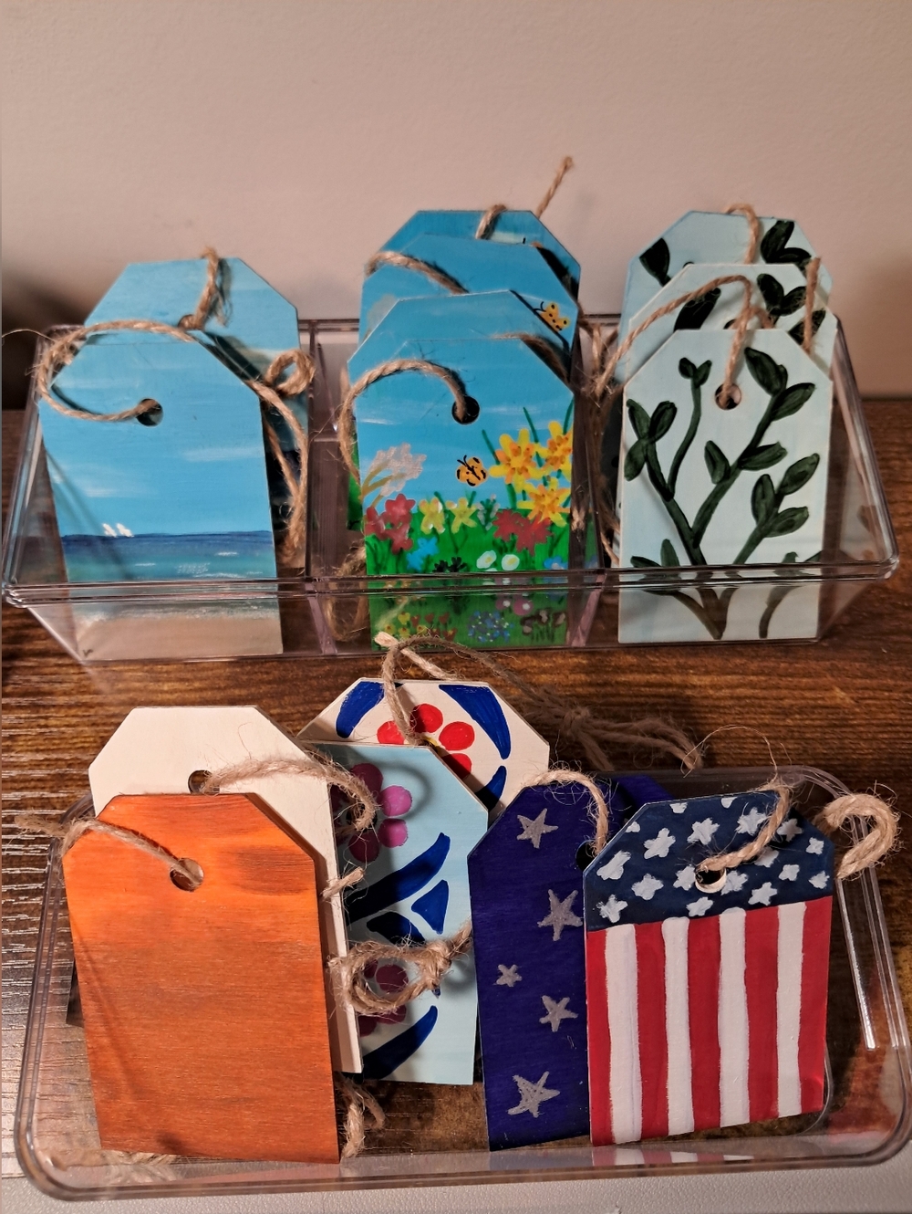 12 Hand-Painted Wooden Gift Tags - Variety Design.